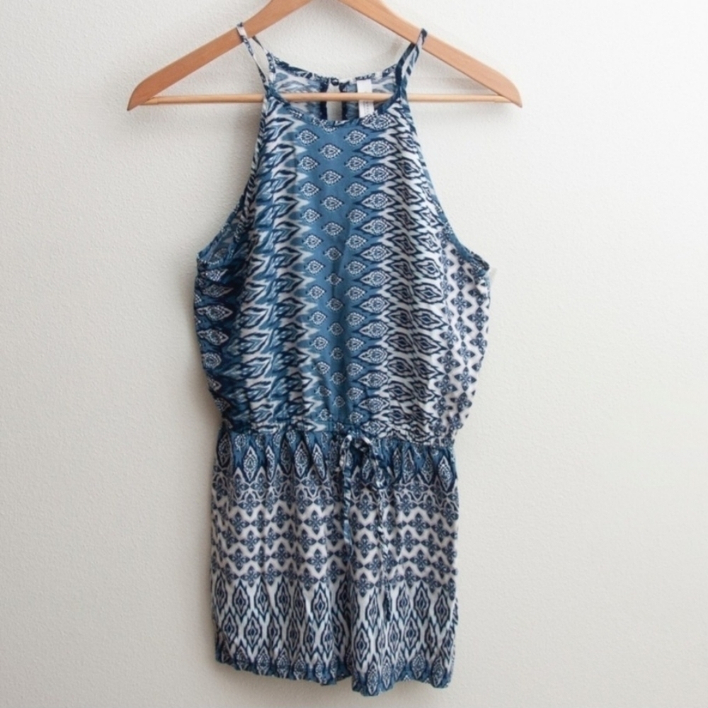 Aeropostale Halter Neckline Sleeveless Romper Women's XS Blue White Tie Front